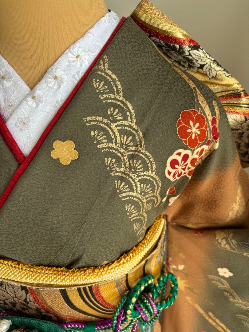 ⭐️振袖フルセット（7点） 正絹振袖 成人式 モスグリーン系の通販は