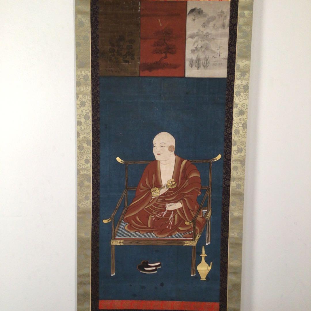 No3014 掛軸　仏教美術　金泥彩色　弘法大師像　紙本　無落款　合箱　送料無料