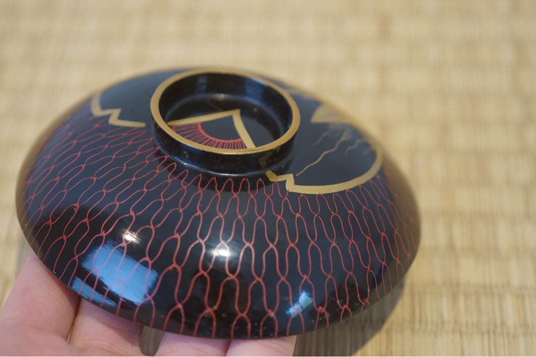 江戸後期 京蒔絵 猟師図蒔絵 波千鳥文 黒漆 吸物椀 2客/