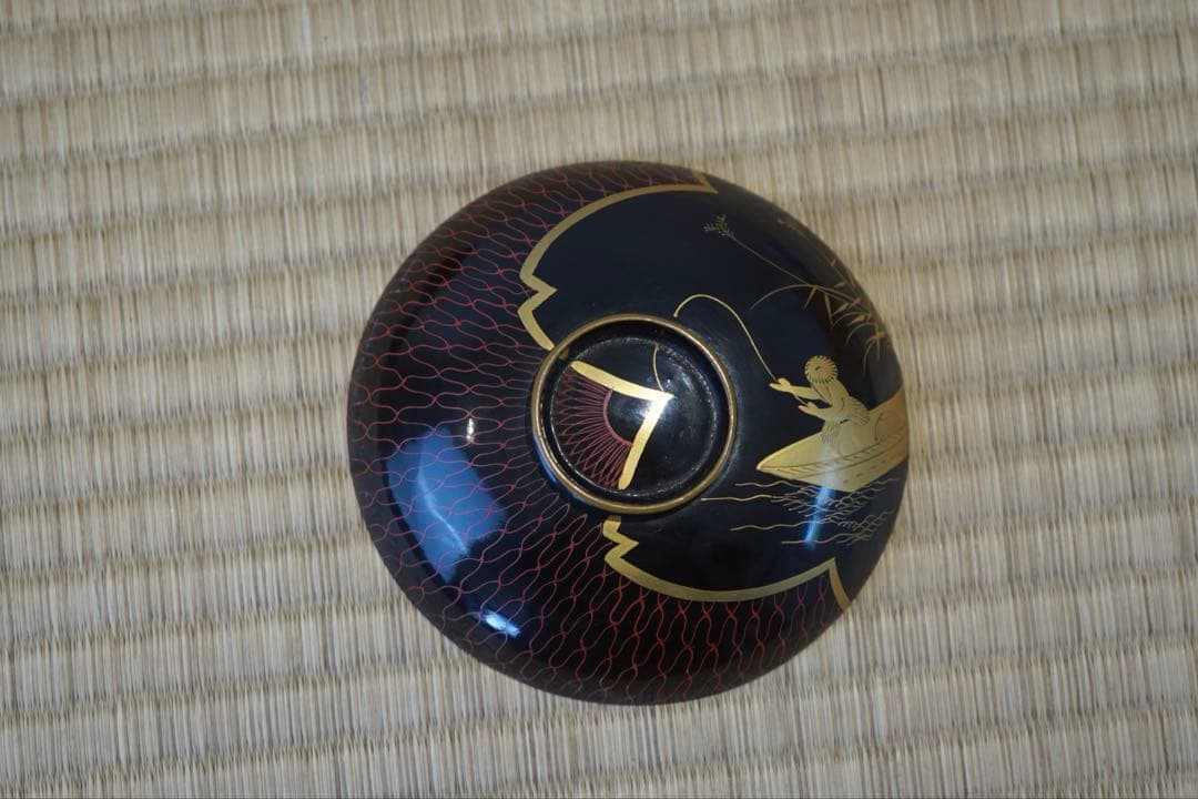 江戸後期 京蒔絵 猟師図蒔絵 波千鳥文 黒漆 吸物椀 2客/ 木製漆器 茶懐石