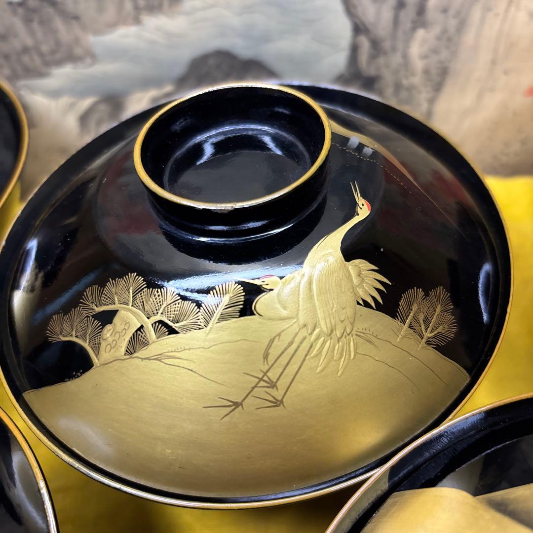 木製漆器椀　金色鶴　金蒔絵　内絵　魚　5客　時代箱　明治時代