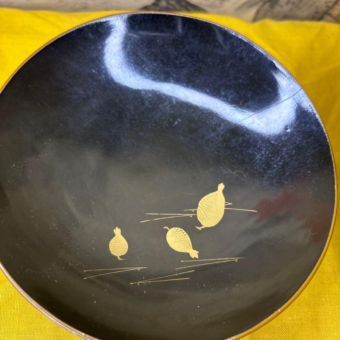 木製漆器椀　金色鶴　金蒔絵　内絵　魚　5客　時代箱　明治時代