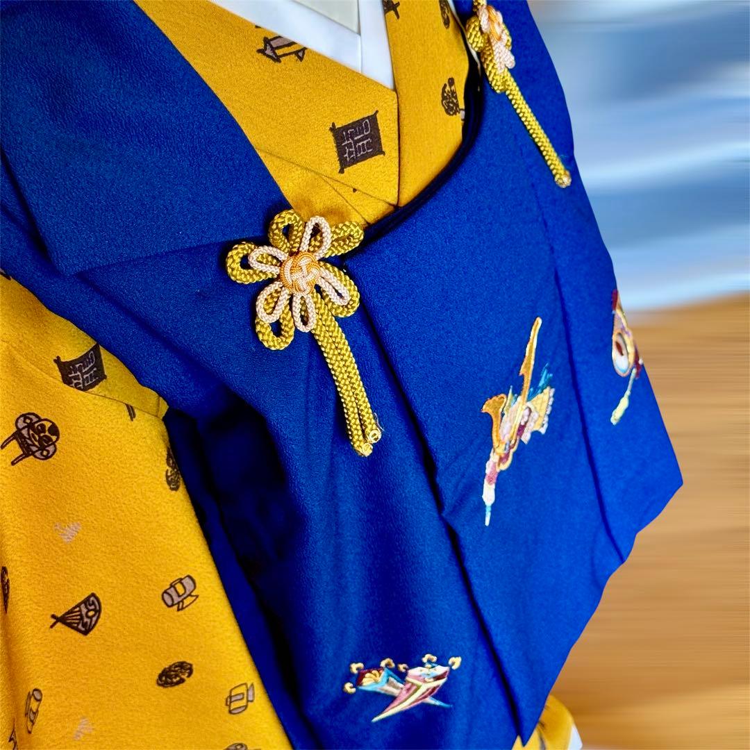 七五三 男の子 被布セット 青×からし色 3歳 フルセット 専用箱