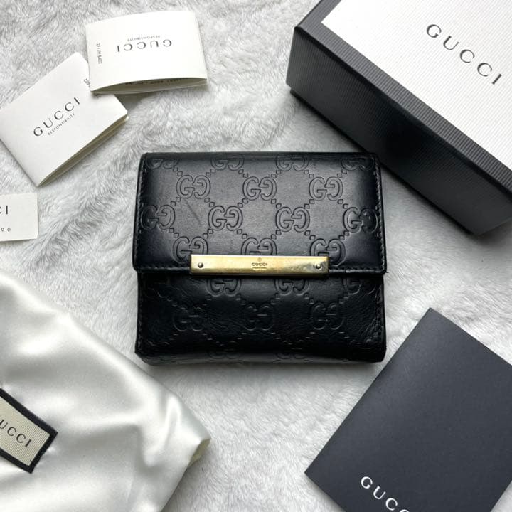 GUCCI✨ GG シマ ロゴプレート 二つ折り 長財布 レザー ブラック
