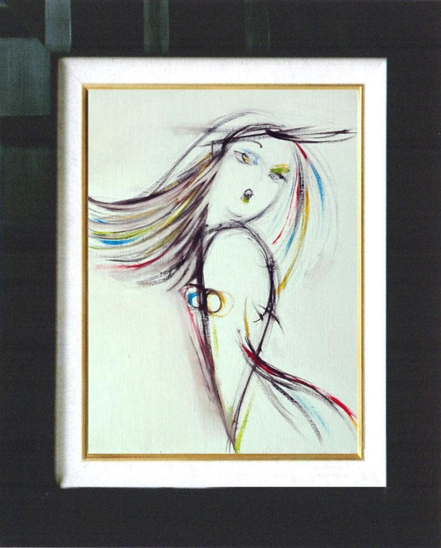 油絵 菅家令子 絵 絵画インテリア額付(青緑＋金色の枠) F4-080214女性