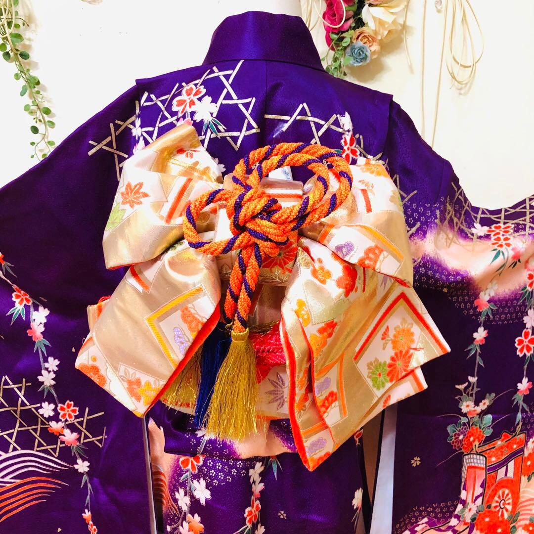 七五三七歳‼正絹豪華紫に裾赤地煌びやか❤️御所車金彩ラメ箔❤️完全フルセット