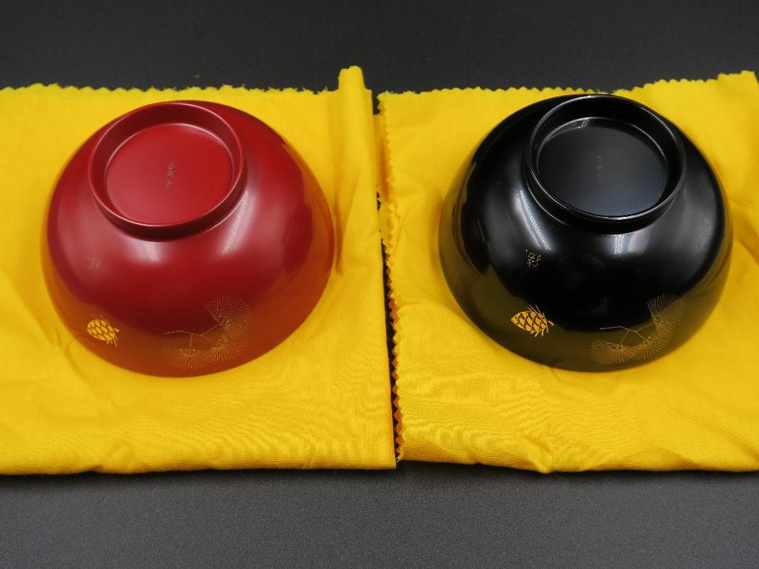 【輪島塗】夫婦椀 松沈金 大向高洲堂 福久勝利作 朱・黒塗 天然木 二客揃 共箱