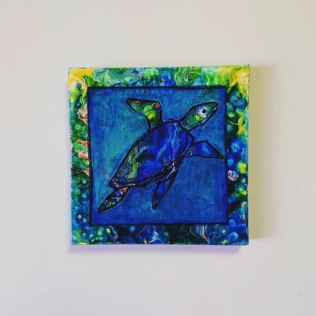 原画 カメ 亀 かめ フルイドアート パネル ポーリングアート 一点もの 希少