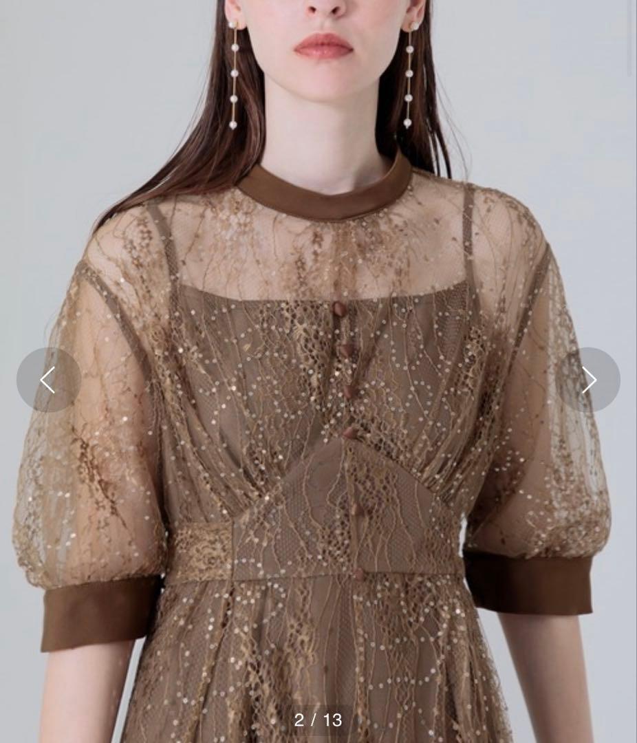 【LEJA】配色パイピングレーススパンコール刺繍パフスリーブフレアドレス