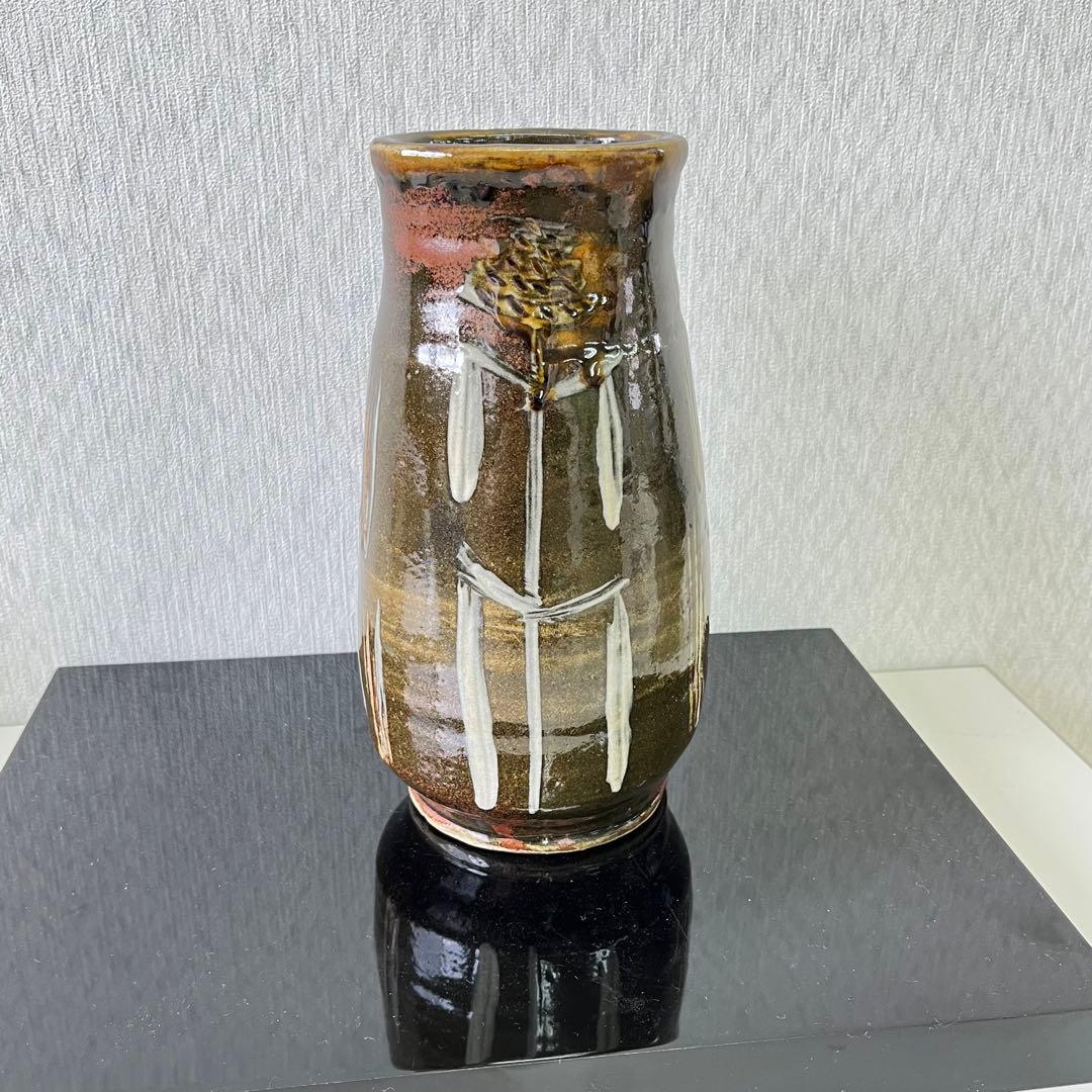 益子焼　名工　佐久間藤太郎　柿地草花絵　花瓶　花器　草花紋　益子民窯　　浜田庄司