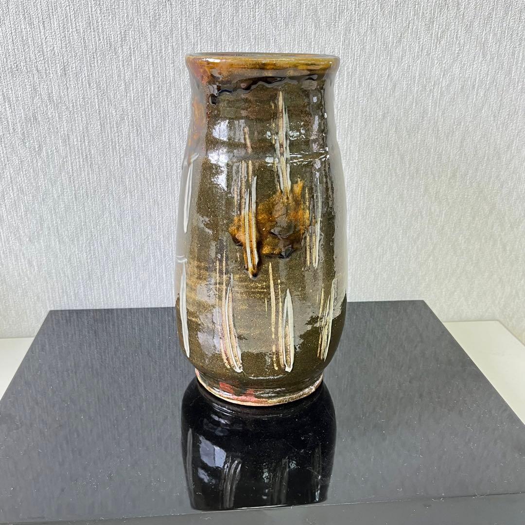 益子焼　名工　佐久間藤太郎　柿地草花絵　花瓶　花器　草花紋　益子民窯　　浜田庄司