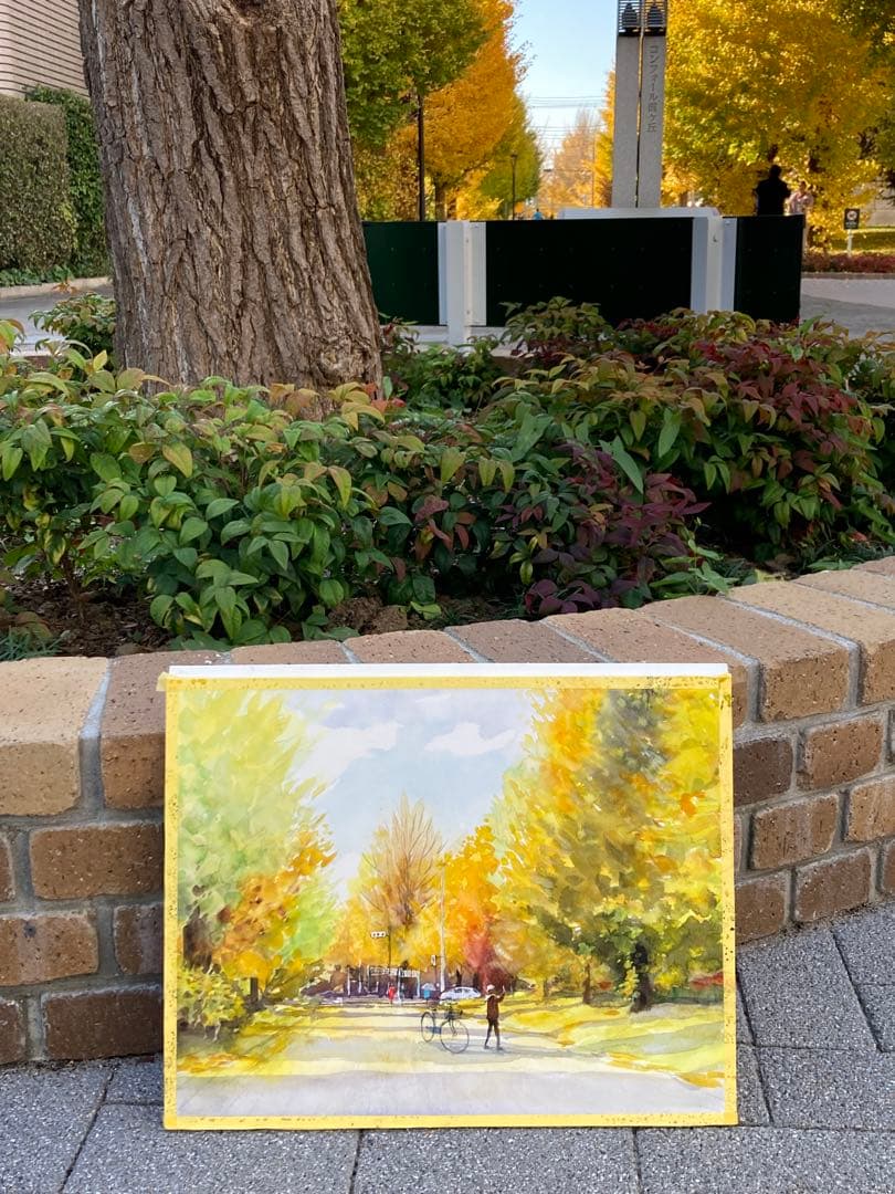 1055☆水彩画原画　風景画　［銀杏並木紅葉］