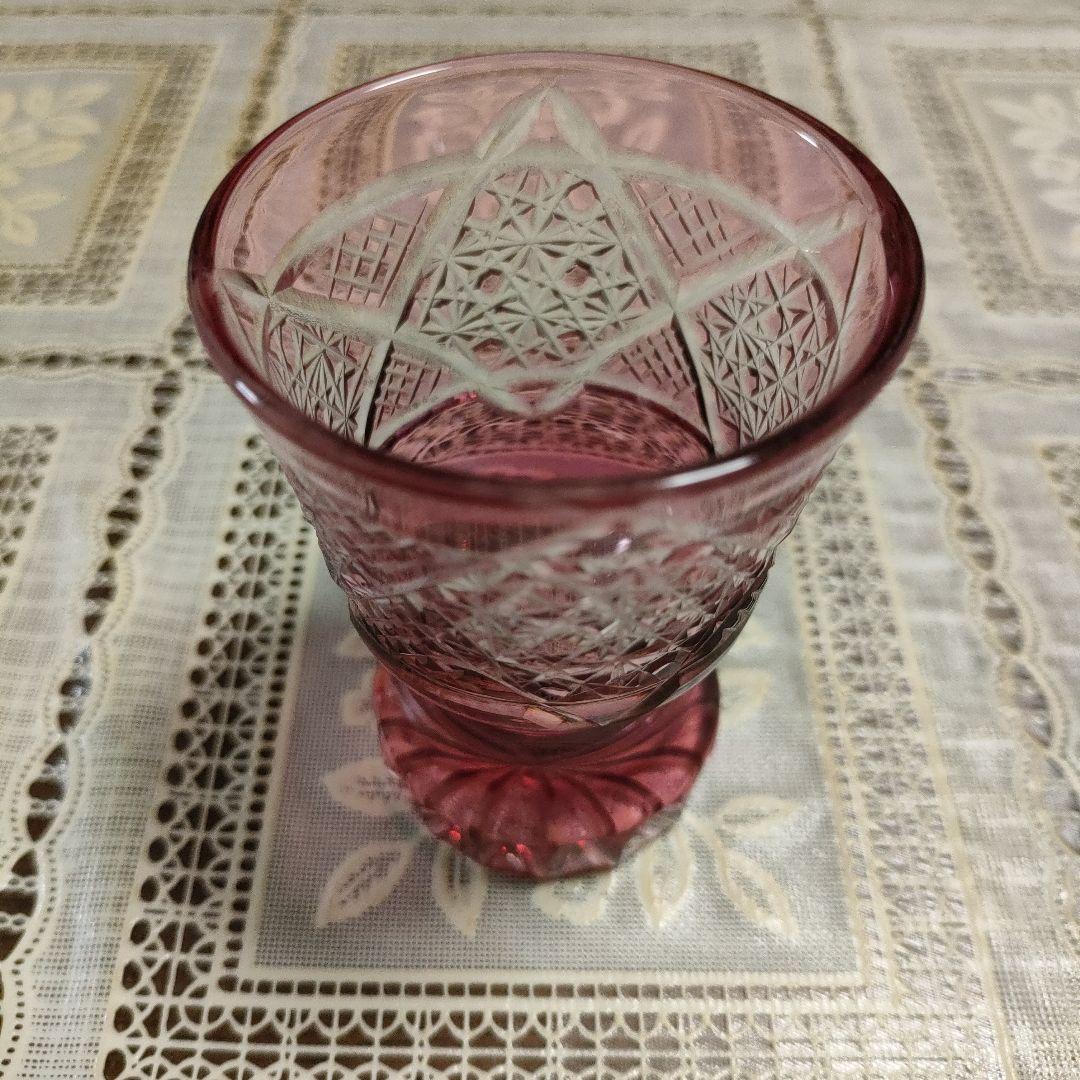 未使用 ヤマザキガラス製 薩摩切子 色被せガラス、金赤、菊かごめ紋様