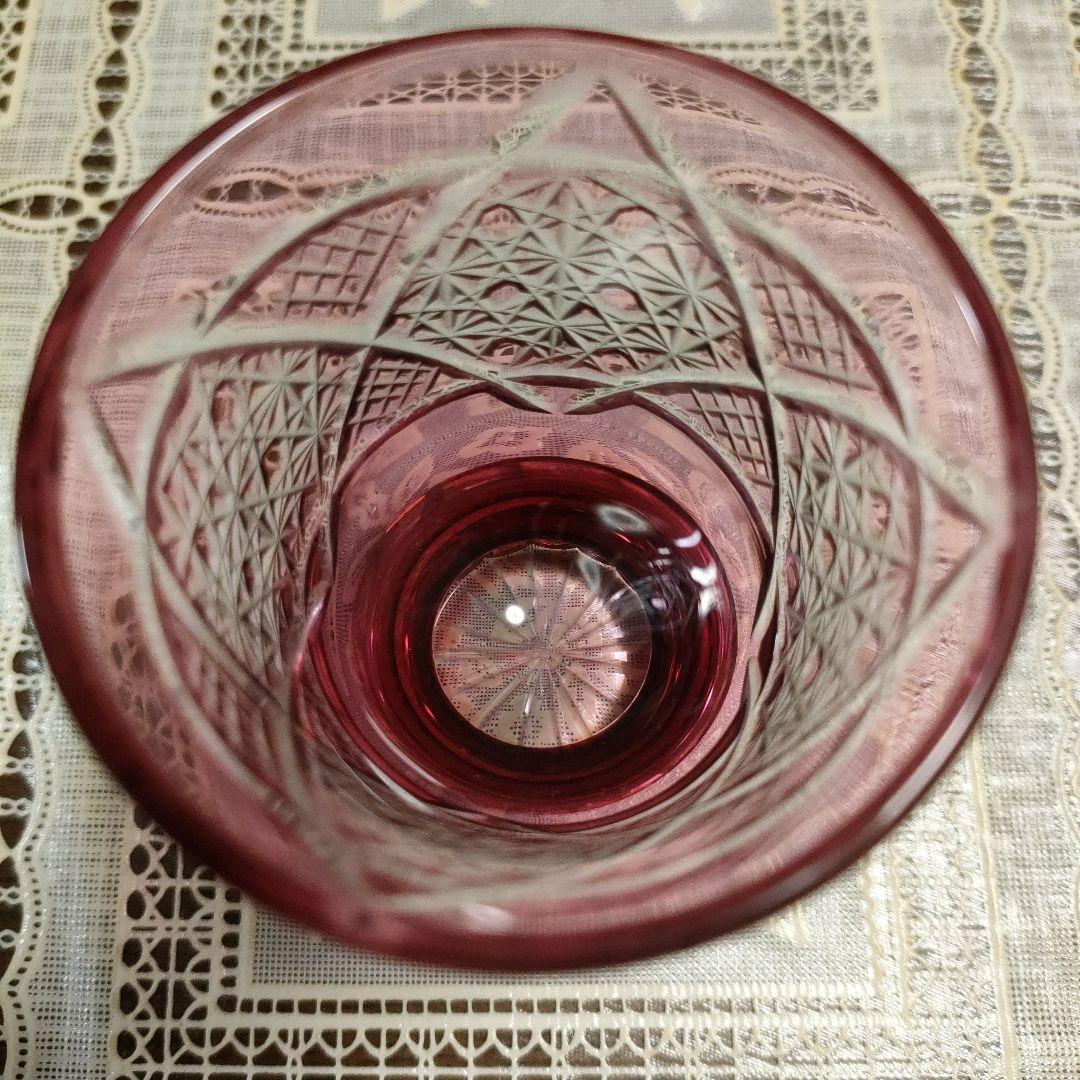 未使用 ヤマザキガラス製 薩摩切子 色被せガラス、金赤、菊かごめ紋様