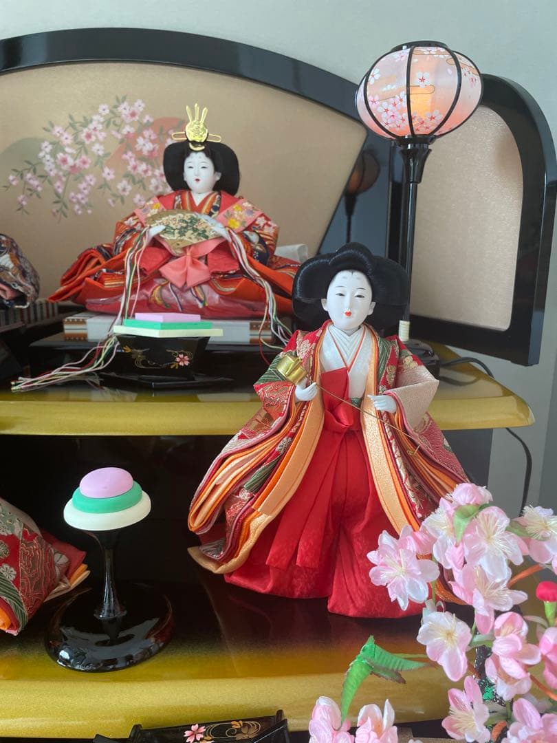 美品　原孝州　お雛様　雛人形　三段飾り　五人飾り　桜刺繍　光るぼんぼり