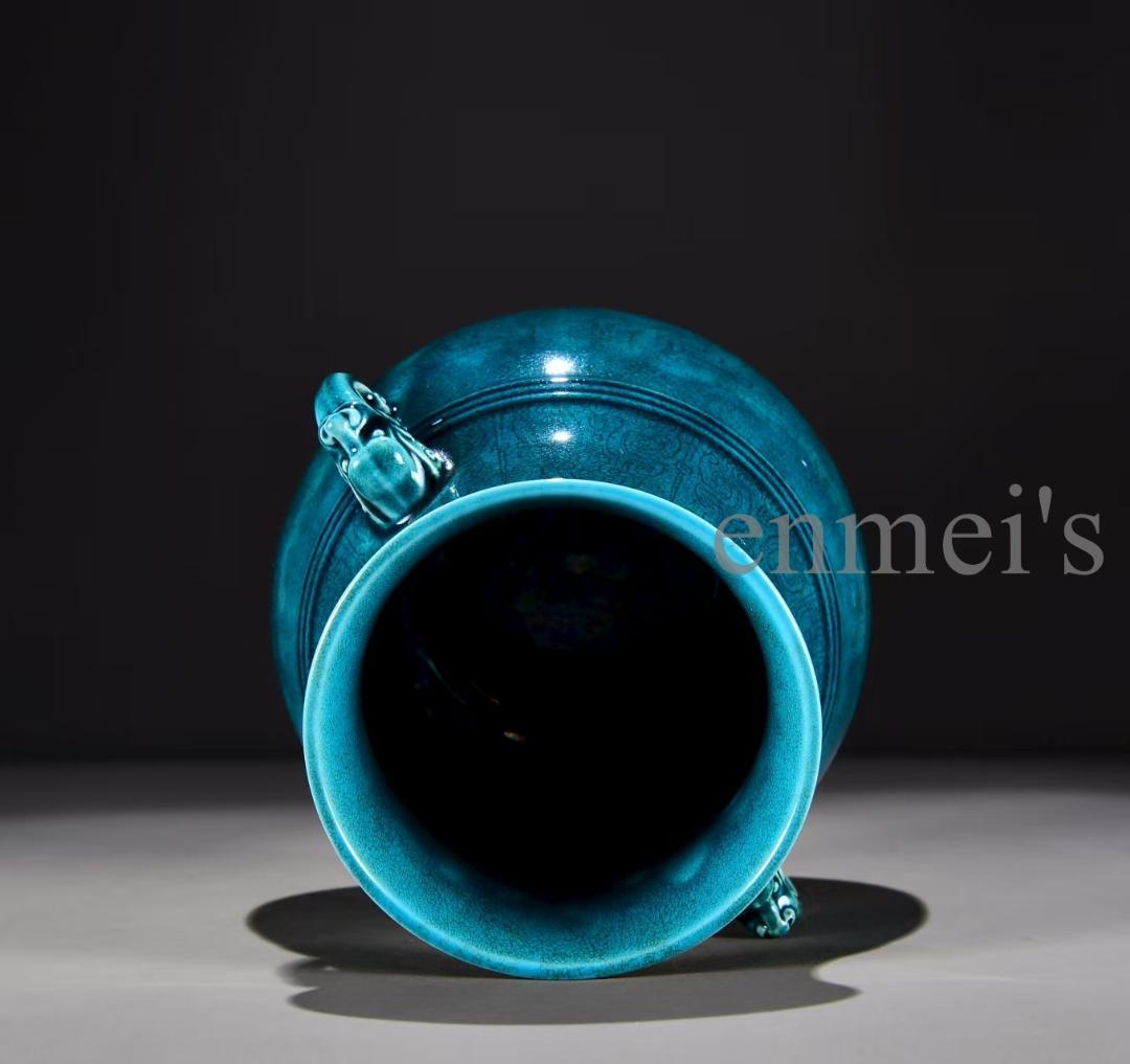 中国古美術 清雍正款 孔雀青釉 暗刻 花瓶 広口壺 古陶磁