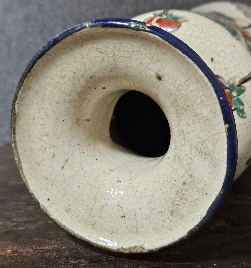 中国古美術　中国古陶磁器　清代　清朝期 色絵　古赤絵　鳥に花の図　広口瓶　花入れ