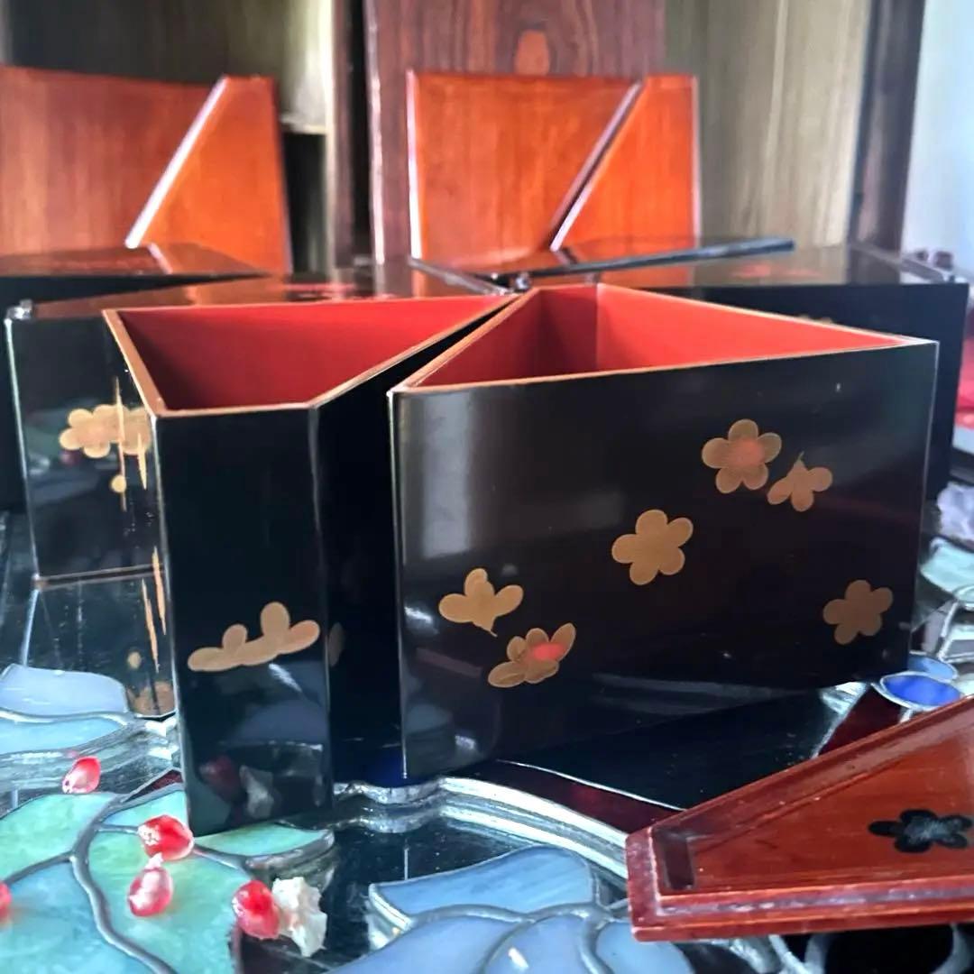 2213様感謝‼️総欅JAPAN蒔絵梅六点大名道具絵替り組子野弁当三対