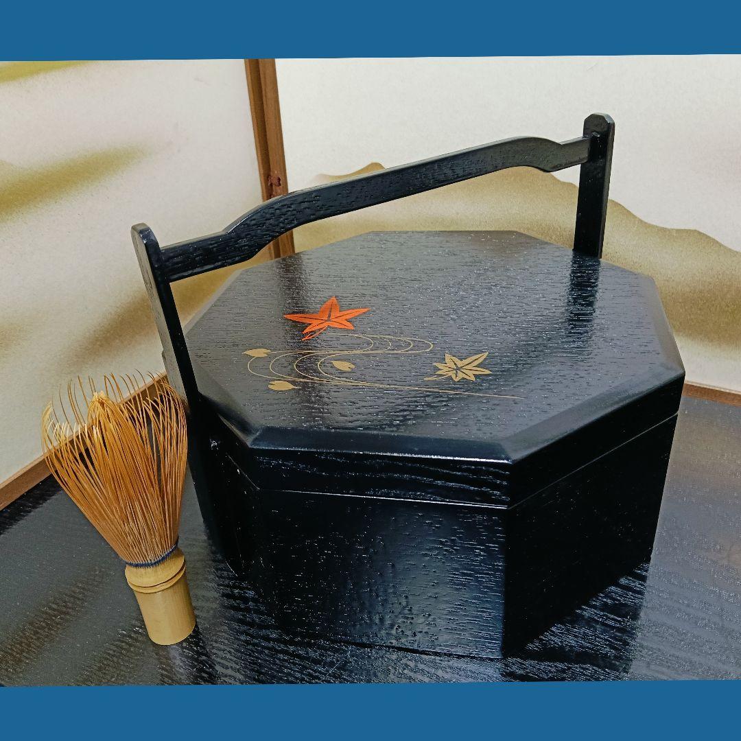 AL73 手付茶櫃と九谷焼茶器揃 茶托付 八角茶櫃 木製漆塗 美品