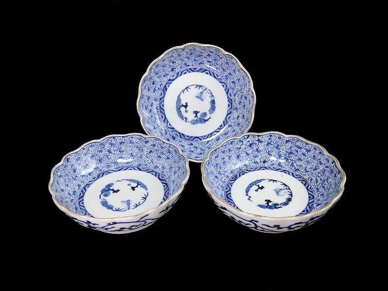 古伊万里　染付　微塵唐草の図　膾皿　３客　E980AS-CUx 古伊万里染付微塵唐草の図膾皿3客E980AS-CUx