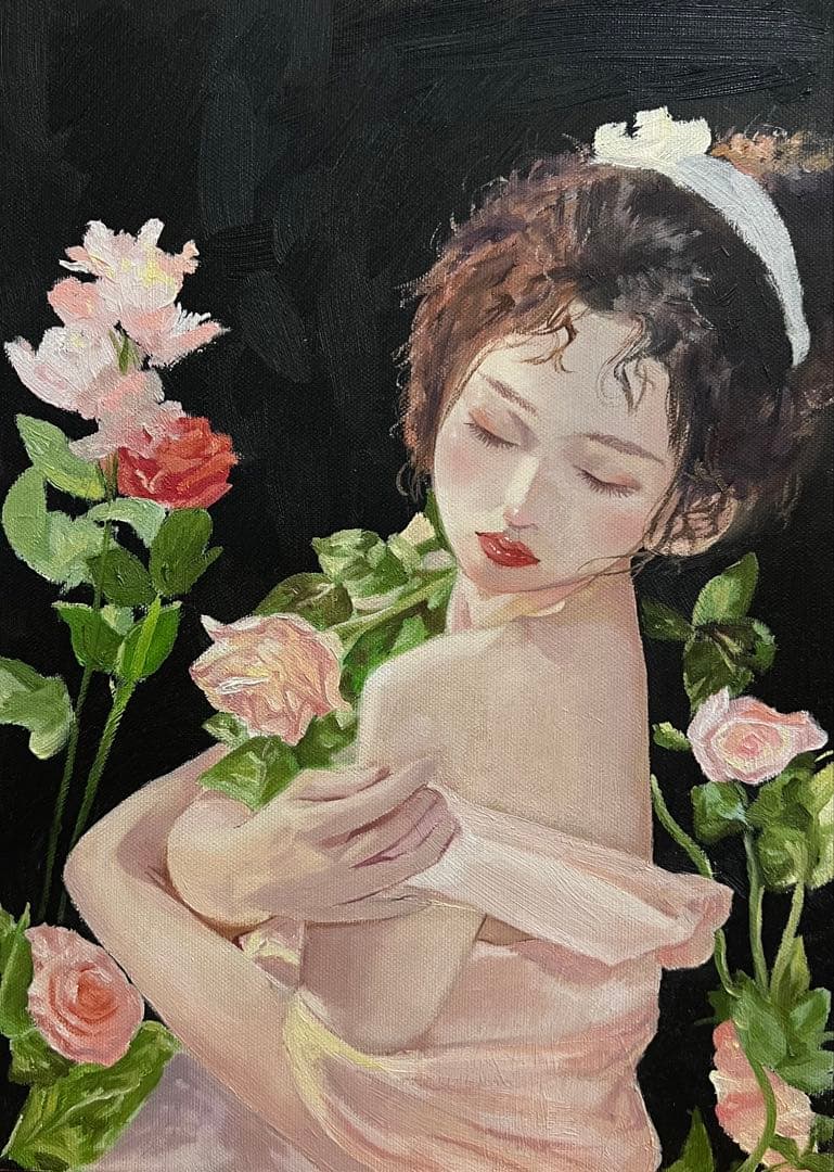 女性の油彩 肖像画 黒背景 ピンクのバラ 油絵 絵画 イラスト アクリル