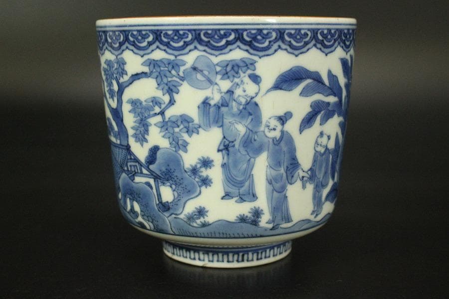 中国美術 碗 人物風景文様 染付(メ1708)