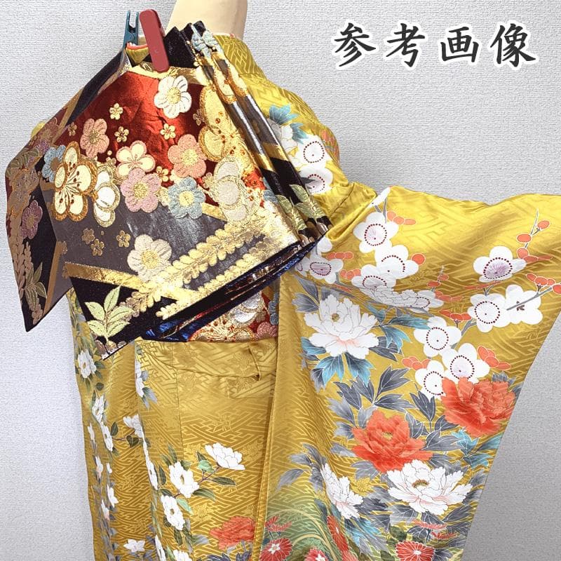 411z3〇高身長な方にも 振袖 地紋 金彩 刺繍 黄色〇美品