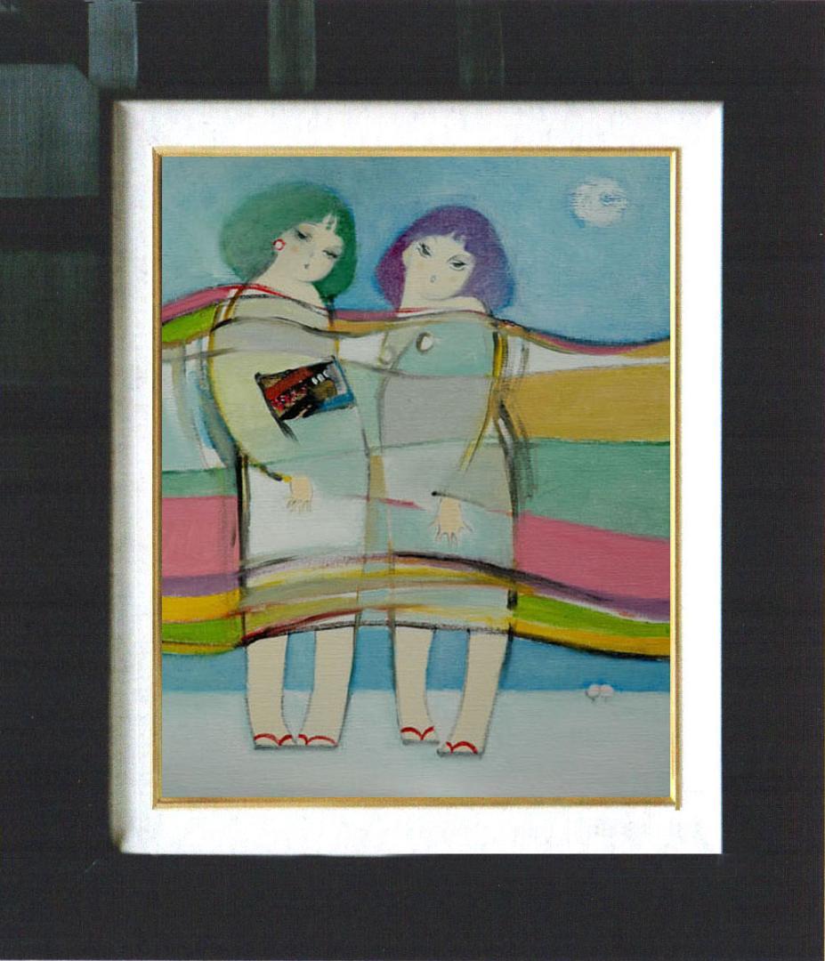 油絵 菅家令子 絵 絵画インテリア額付(青緑＋金色の枠)F6-083711 子供