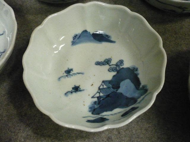 成化年製 伊万里 海辺に帆掛舟 染付 なます皿 7枚 [B31344]