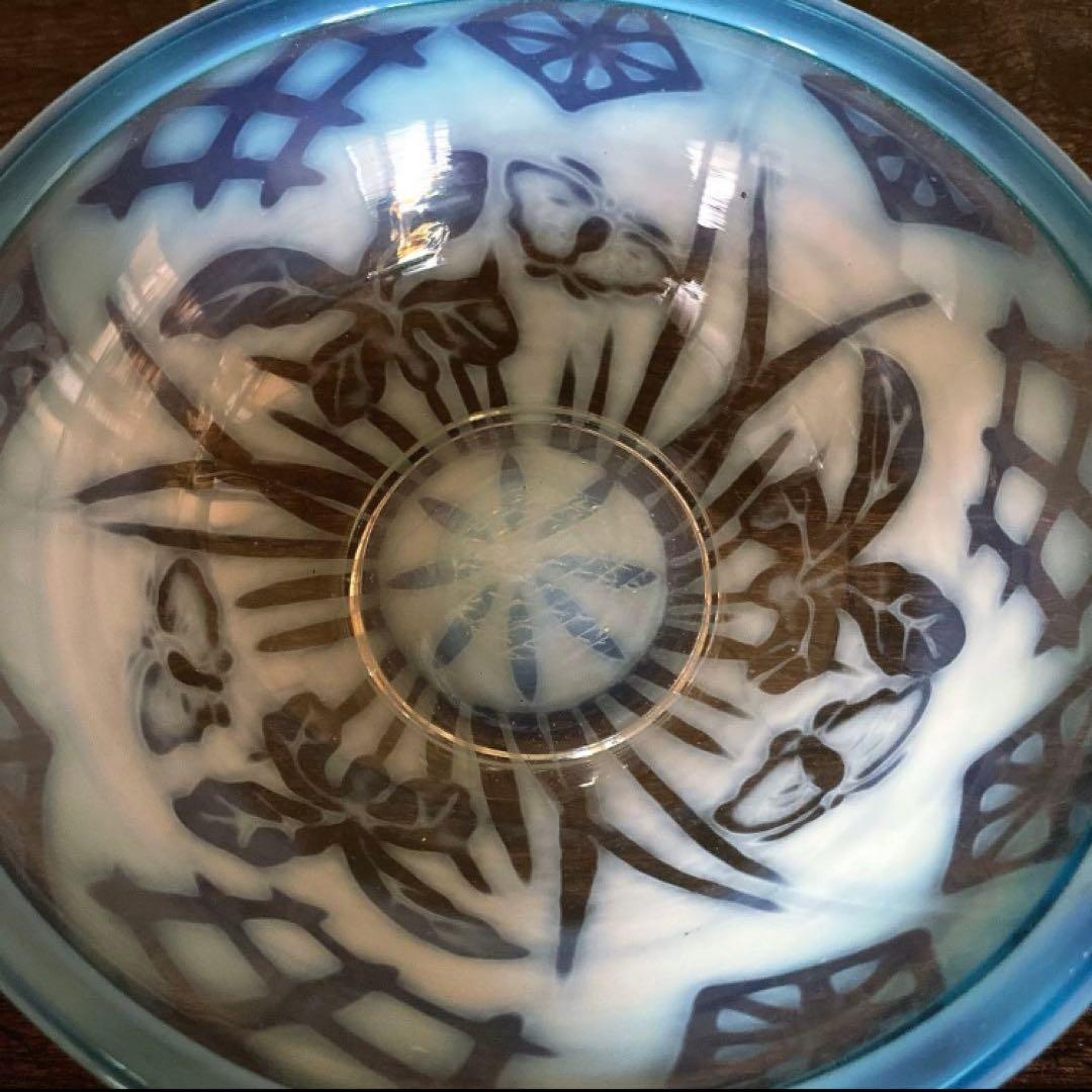 ○大正〜昭和初期 和ガラス器 氷コップ 青色縁 菖蒲に蝶文