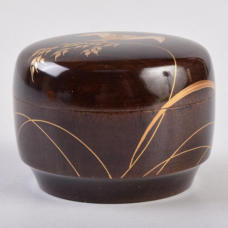 茶道具　山中塗　中村宗悦作　桜材　神代塗　稲穂雀蒔絵　丸香合　共箱　VR8978