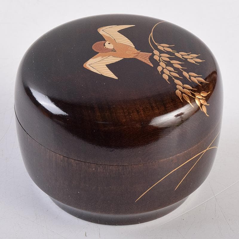 茶道具　山中塗　中村宗悦作　桜材　神代塗　稲穂雀蒔絵　丸香合　共箱　VR8978