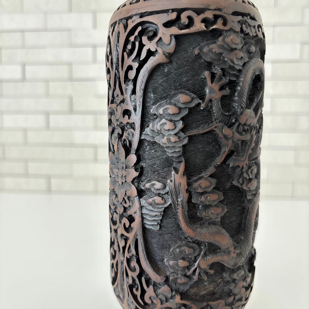 龍 花瓶 黒色花瓶 ドラゴン彫刻 一輪挿し アンティーク 縁起物骨董品