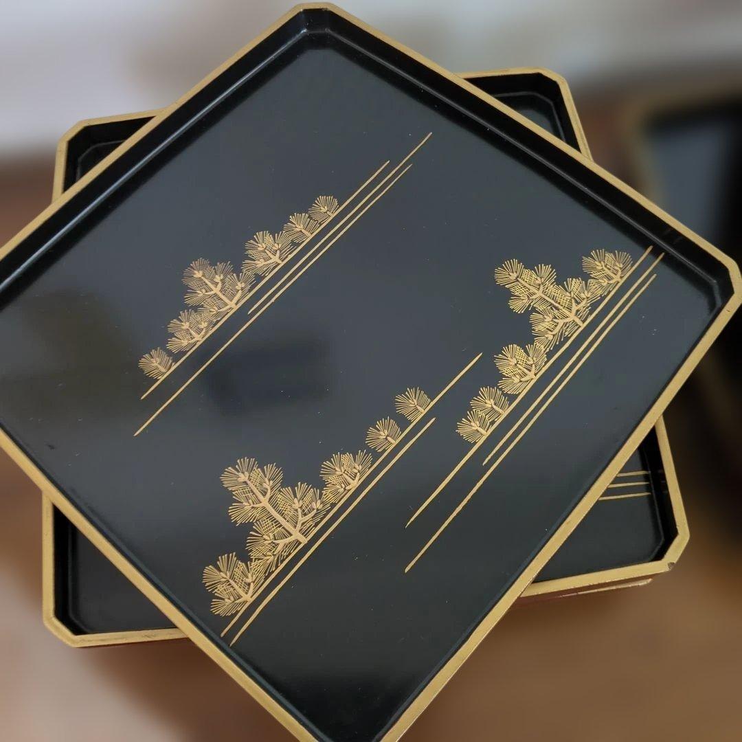 骨董　お膳　若松　蒔絵　角切　木製　漆器　脚付き　お盆　5枚