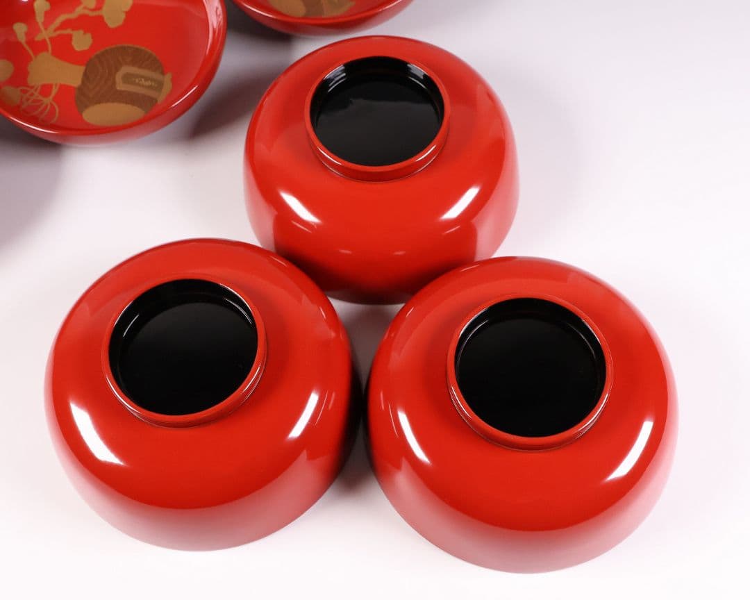 CM361】輪島塗 宝尽くし金蒔絵 朱塗椀 三客 小槌 軍配 霊芝 木製漆器