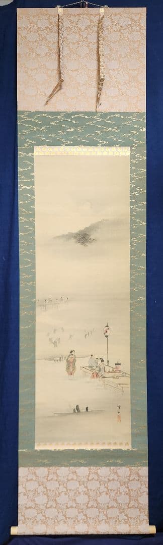 【四条河原夕涼み図】大崎晴山 1013 京都鴨川床 共箱 掛け軸 肉筆 涼し掛