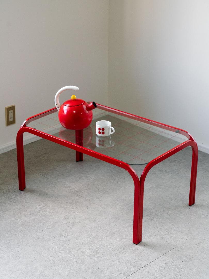 80s レトロポップ ガラストップ アイアンテーブル グリッド柄 ポストモダン