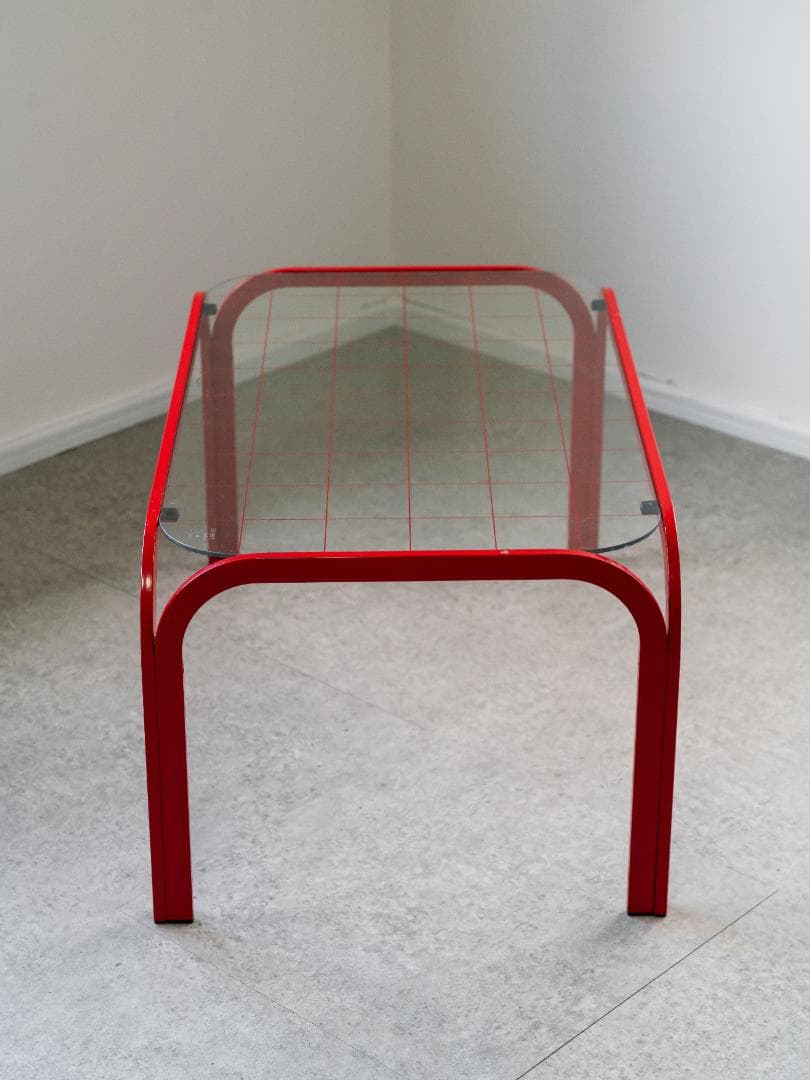 80s レトロポップ ガラストップ アイアンテーブル グリッド柄 ポストモダン