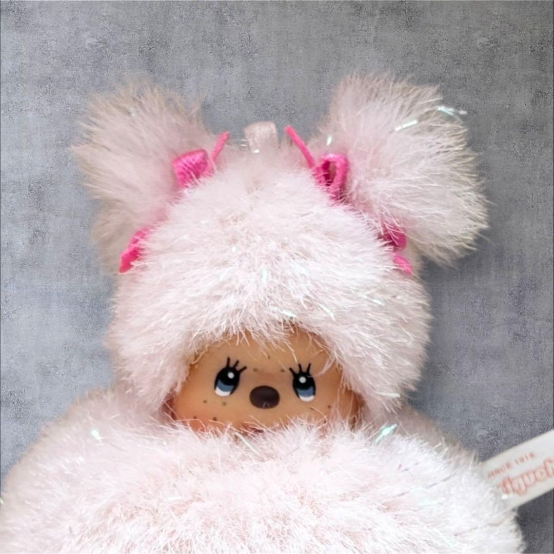 希少　モンチッチ 雪だるま リボンラメピンク ぬいぐるみキーホルダー ストラップ