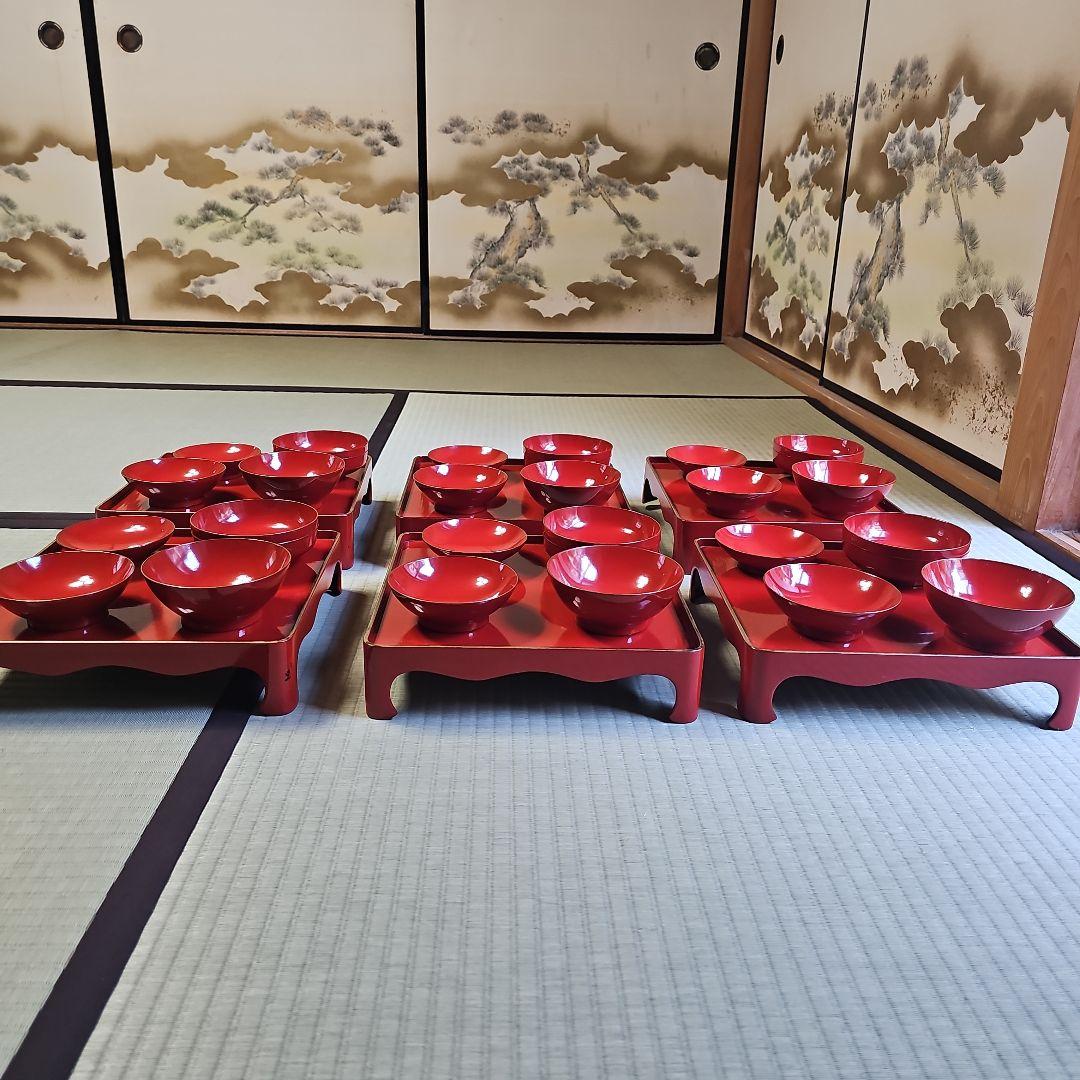 昭和レトロ/1950年代前半物】赤漆塗り お膳セット 金縁 会席膳 茶