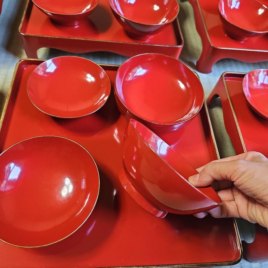 昭和レトロ/1950年代前半物】赤漆塗り お膳セット 金縁 会席膳 茶懐石6客