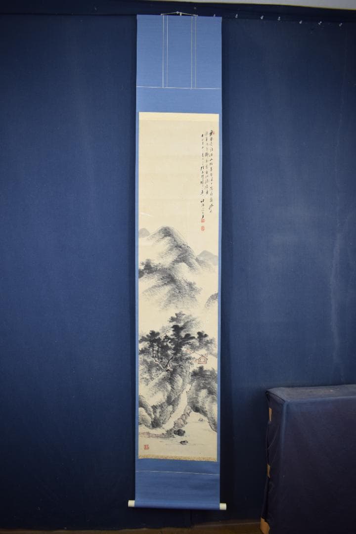 【真作】谷秋渚/山水画賛/山村図/掛軸☆宝船☆Z-586