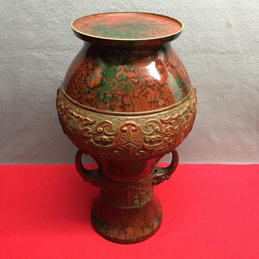 Y【中古】銅製花瓶 龍 飾り壺 青銅 耳付き 兼春作 双耳 古美術