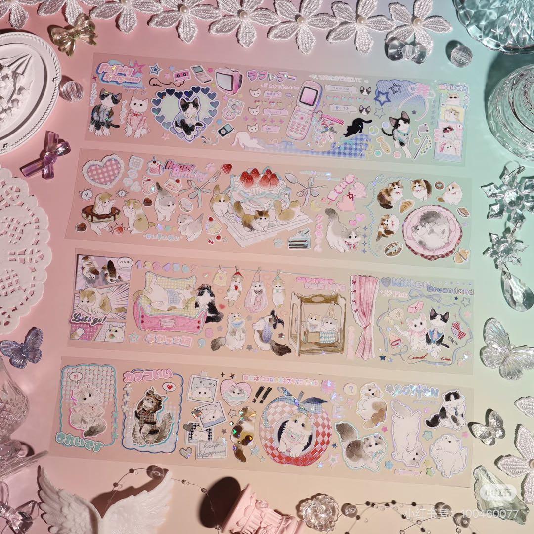 【9090】海外　マスキングテープ　3/5/巻　貝殻光　猫　動物　ケーキ　装飾系