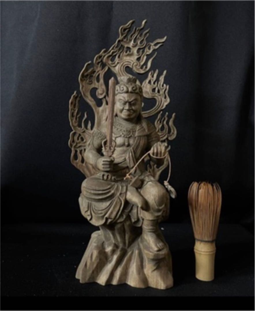 高32cm 仏教工芸品楠材製極上彫井波木彫仏像不動明王座像