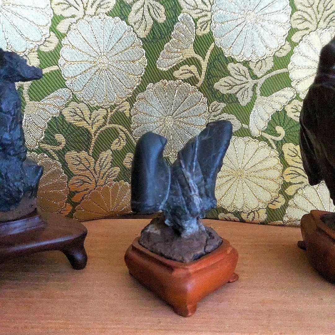 最終価格】紀州名産 古谷石 銘、親子鶏 谷本百穂箱書付 水石 盆石