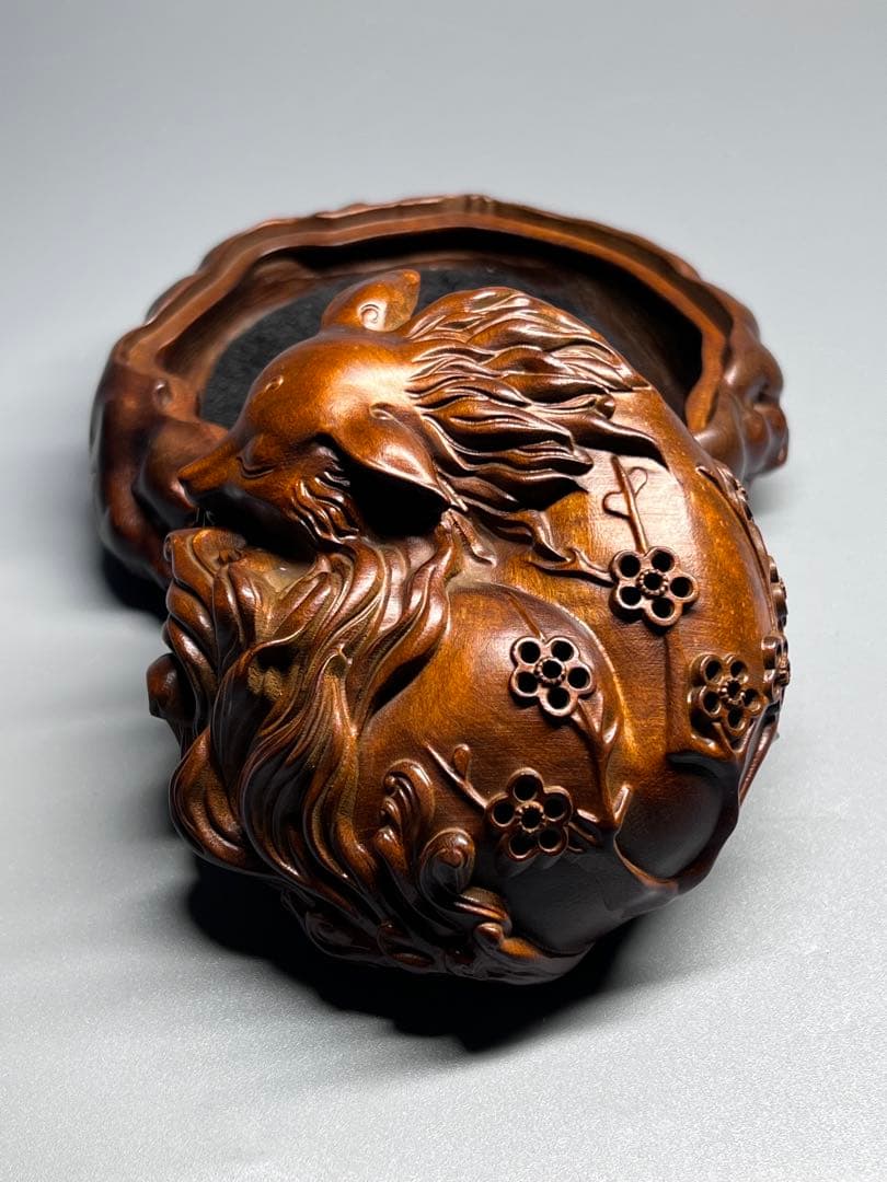 古美術 黄楊木 本物拓植 香炉 香道具 置物 九尾の狐 手作り 極細