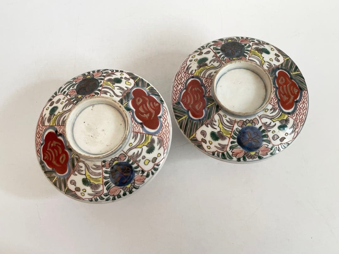 骨董　アンティーク　古伊万里　色絵　蓋付碗　煮物碗　飯碗　蓋茶碗　二客