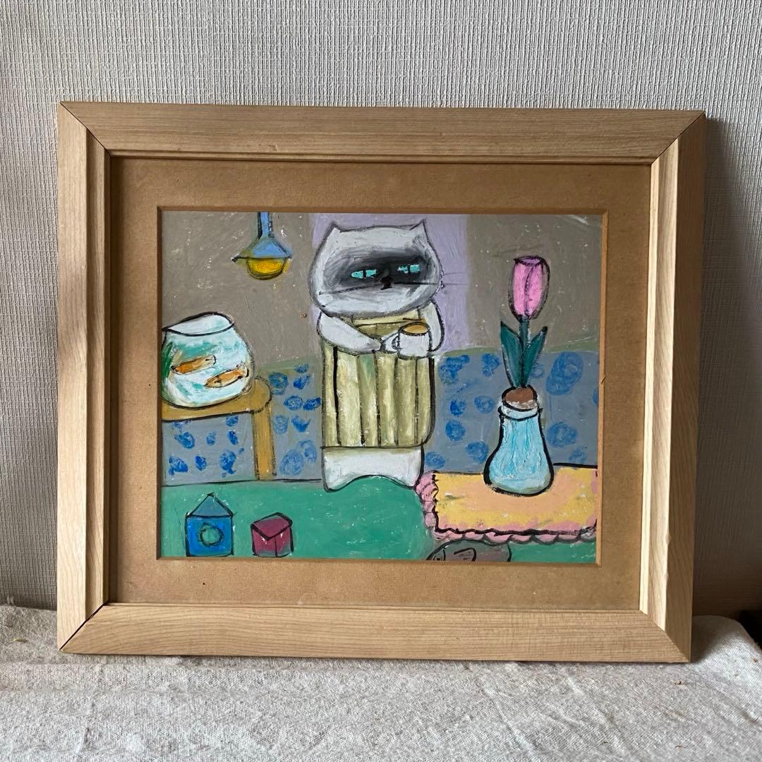 絵画。原画【シャム猫は週末にきれいで暖かい部屋を配置してからコーヒーを飲みます】