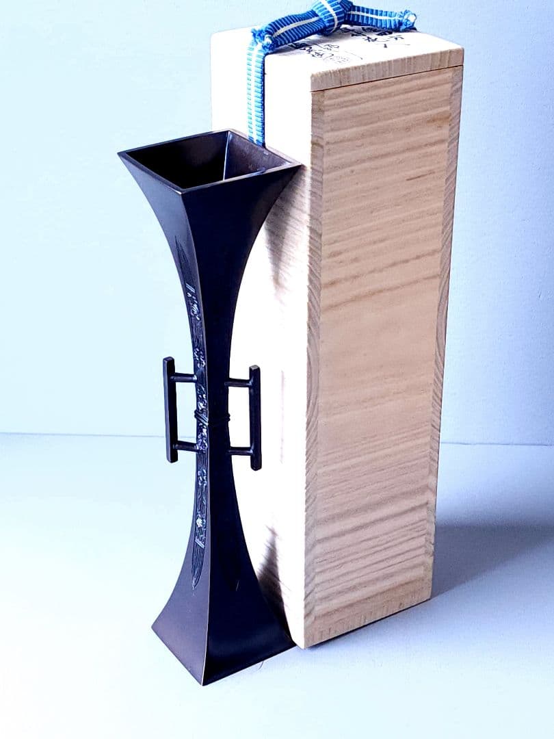 釜師 吉羽 與兵衛 唐金四方耳付花入 共箱 茶道具 風炉